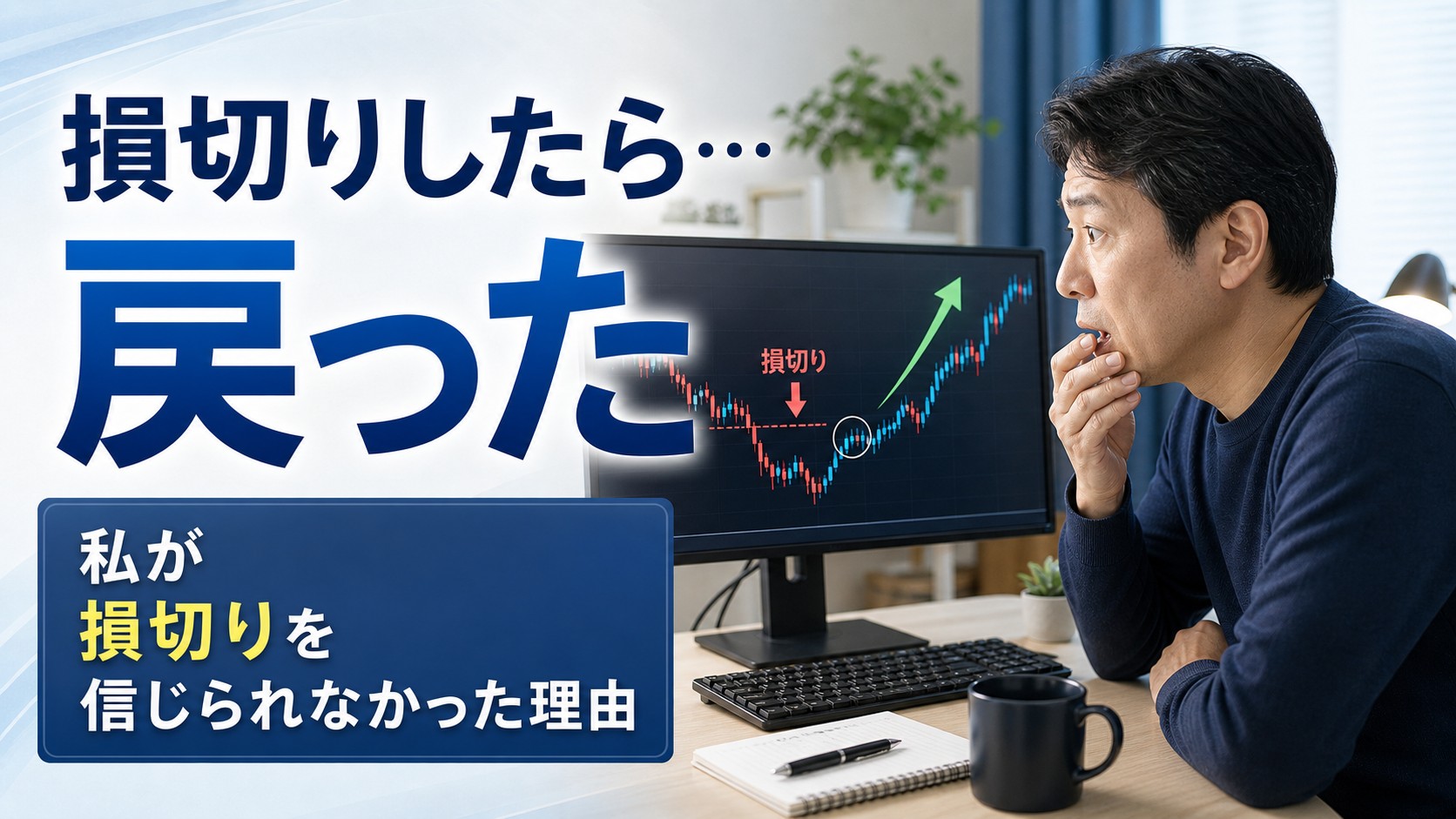 FXで損切りした直後に相場が戻りチャートを見て後悔する男性トレーダーのイメージ