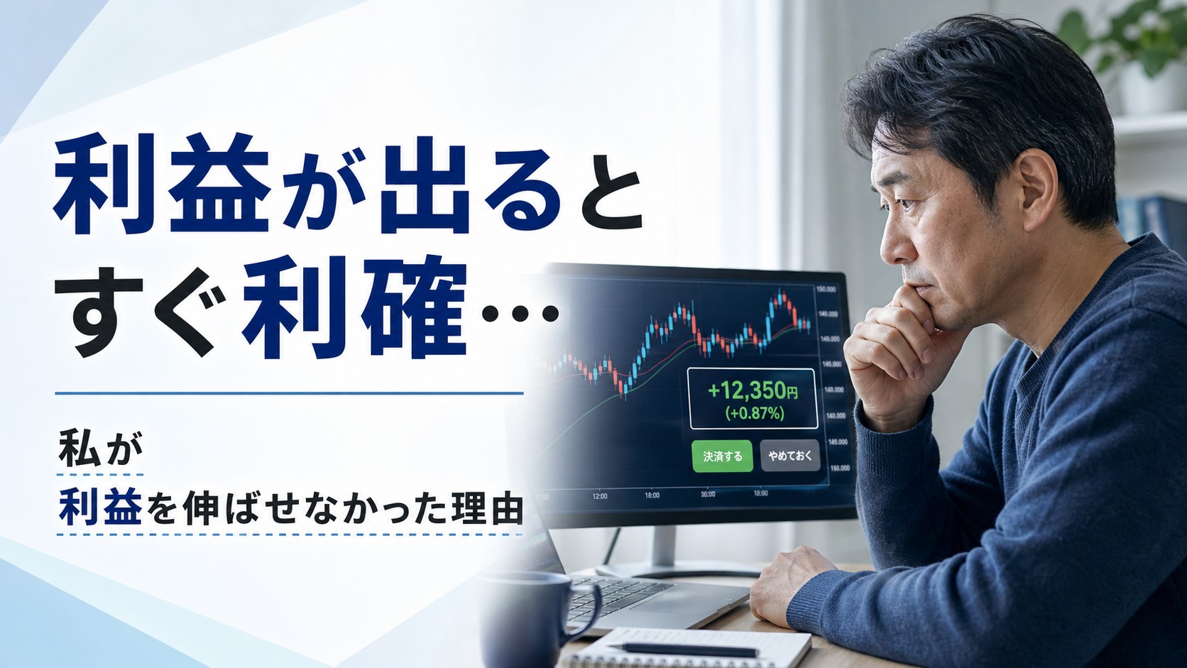 自宅でFXチャートと利益表示を見ながら利確タイミングに悩む40代から50代男性のイメージ