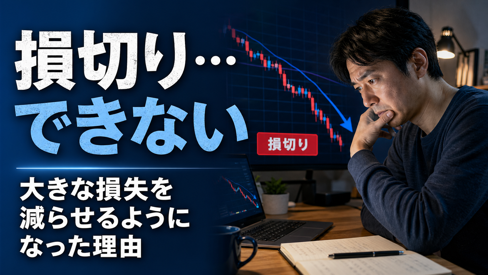 FXチャートを見ながら損切りできず悩む日本人男性トレーダーのイメージ