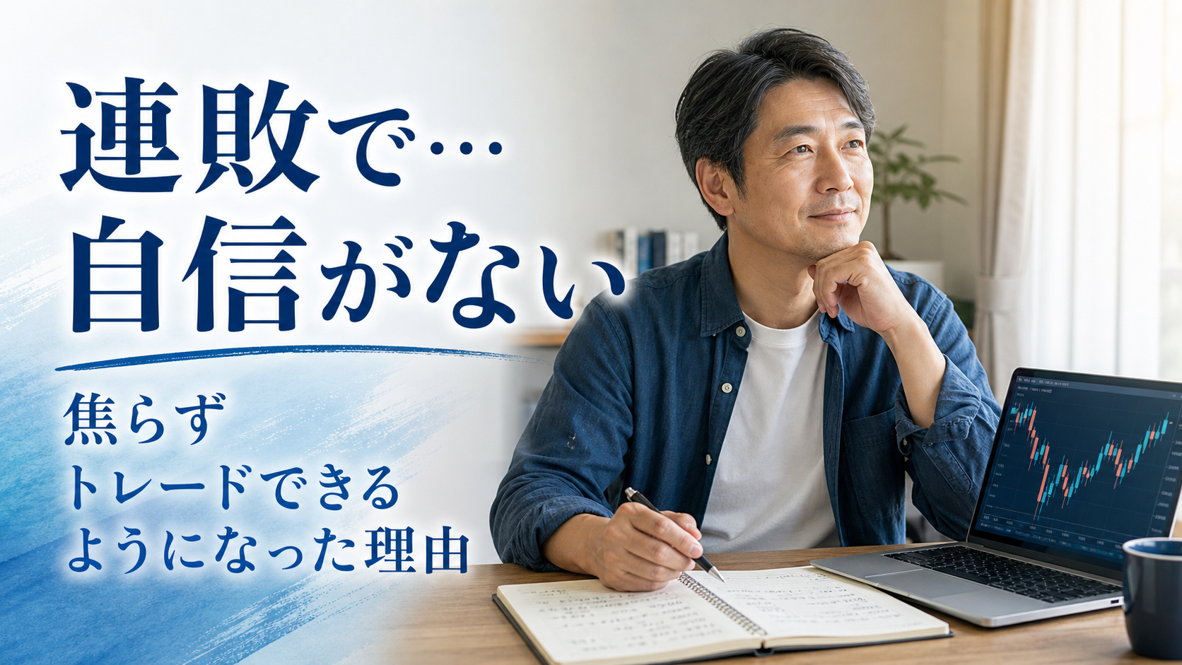 FXチャートとトレードノートを前に連敗で自信をなくしながらも落ち着いて考える40代から50代の日本人男性
