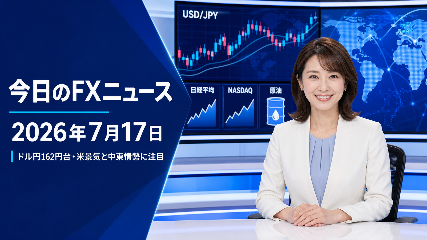 今日のFXニュースでドル円162円台、米景気と中東情勢を伝えるニューススタジオのイメージ画像