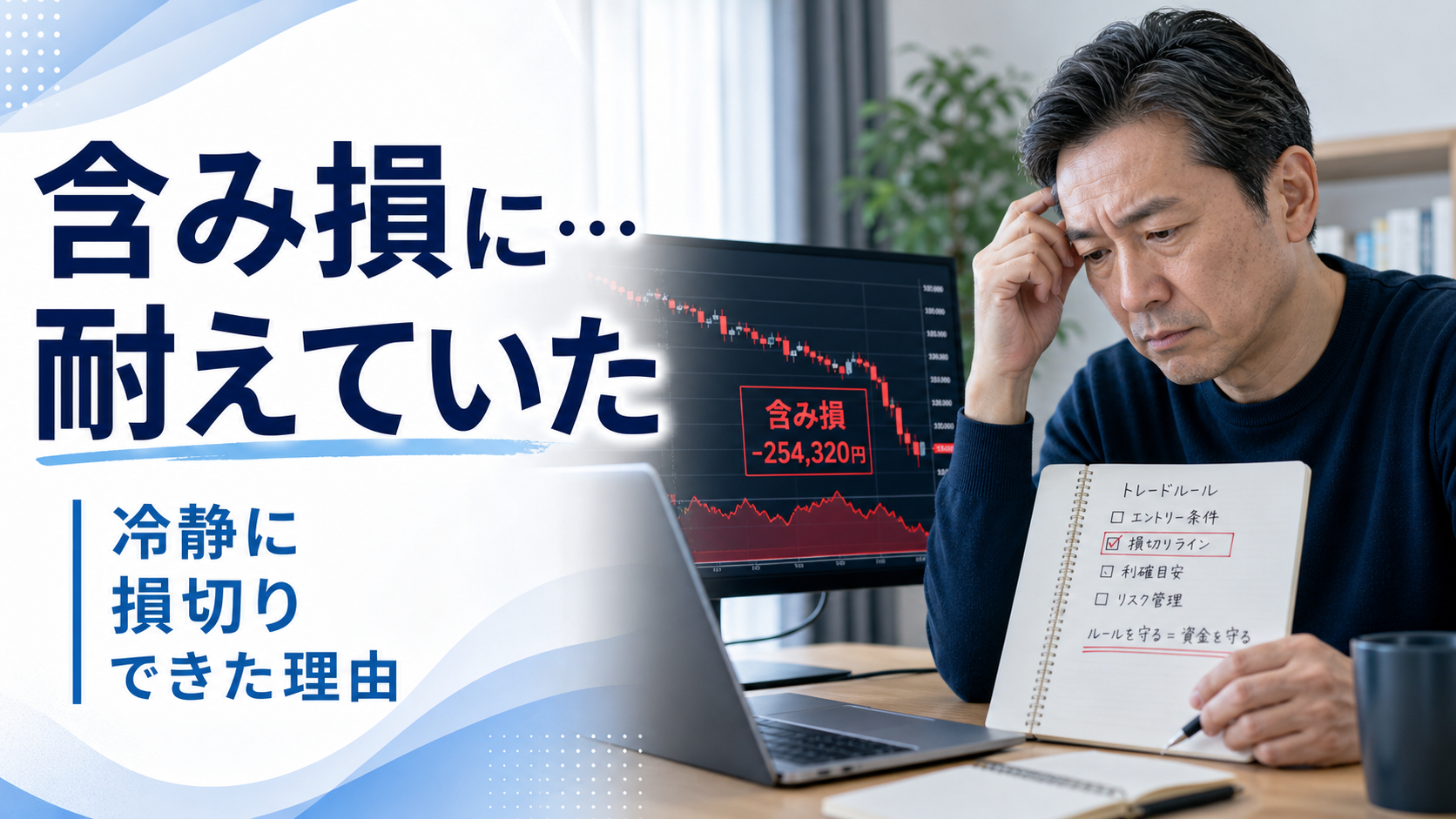 赤い含み損のFXチャートを見ながらトレードノートで損切りルールを確認する40代から50代の日本人男性