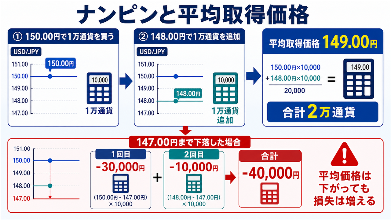 FXのナンピンで平均取得価格が149円になる計算と損失例