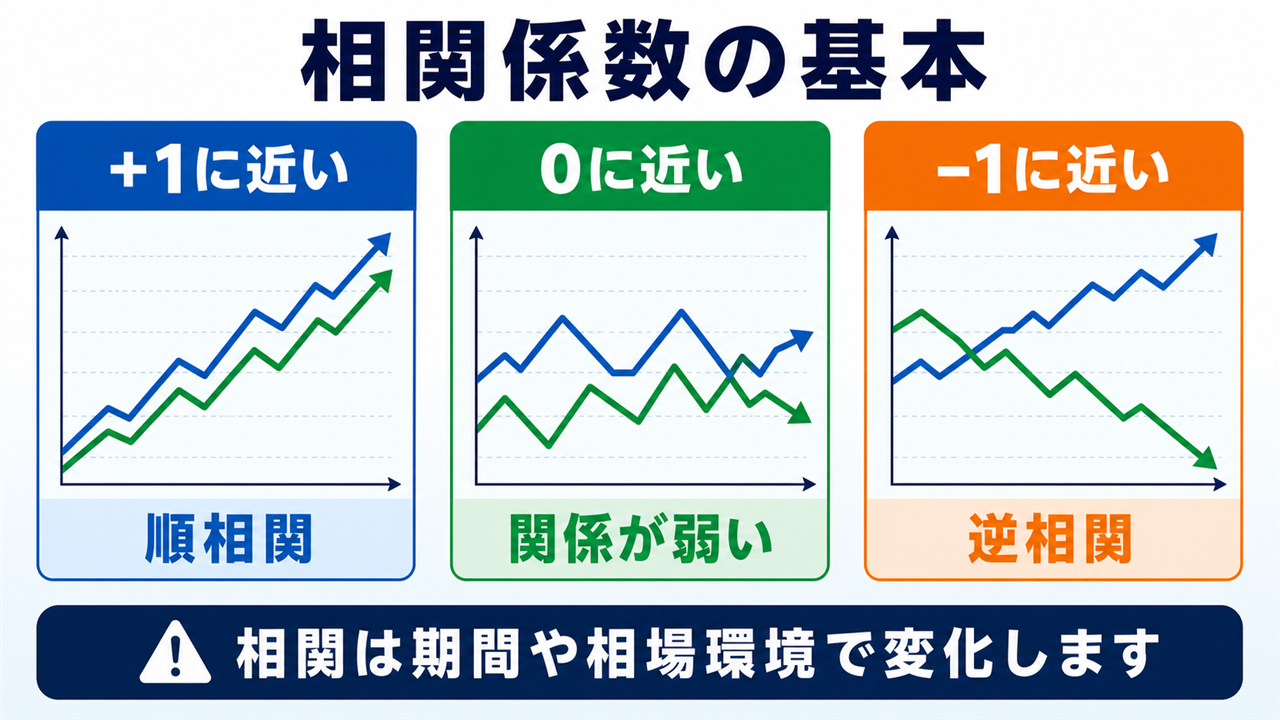 FXの通貨ペアの相関関係を示す相関係数と順相関・逆相関の図解