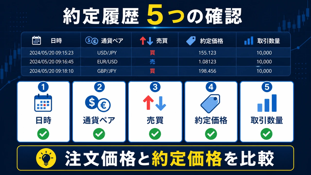 FXの約定履歴で確認する5項目の図解