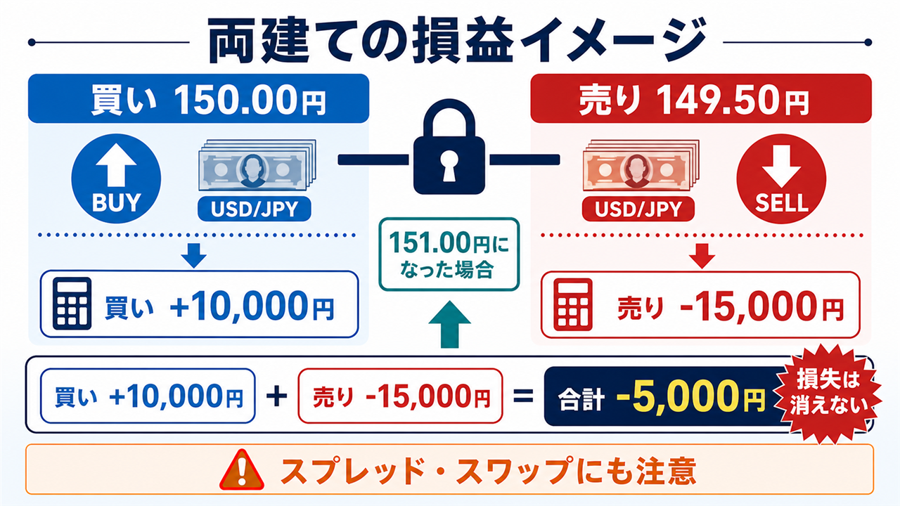 FXの両建ての損益をドル円1万通貨で計算した例
