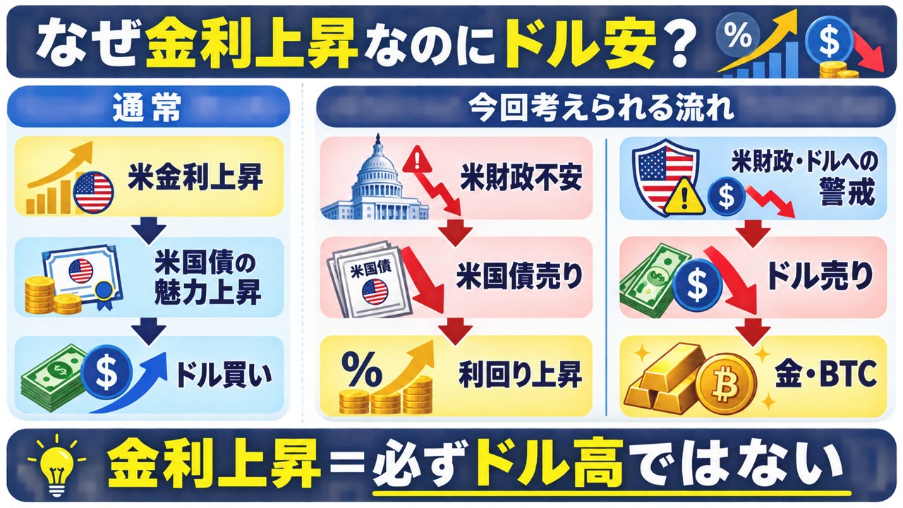 FX 朝刊 8月24日で米金利上昇とドル安の流れを示す図