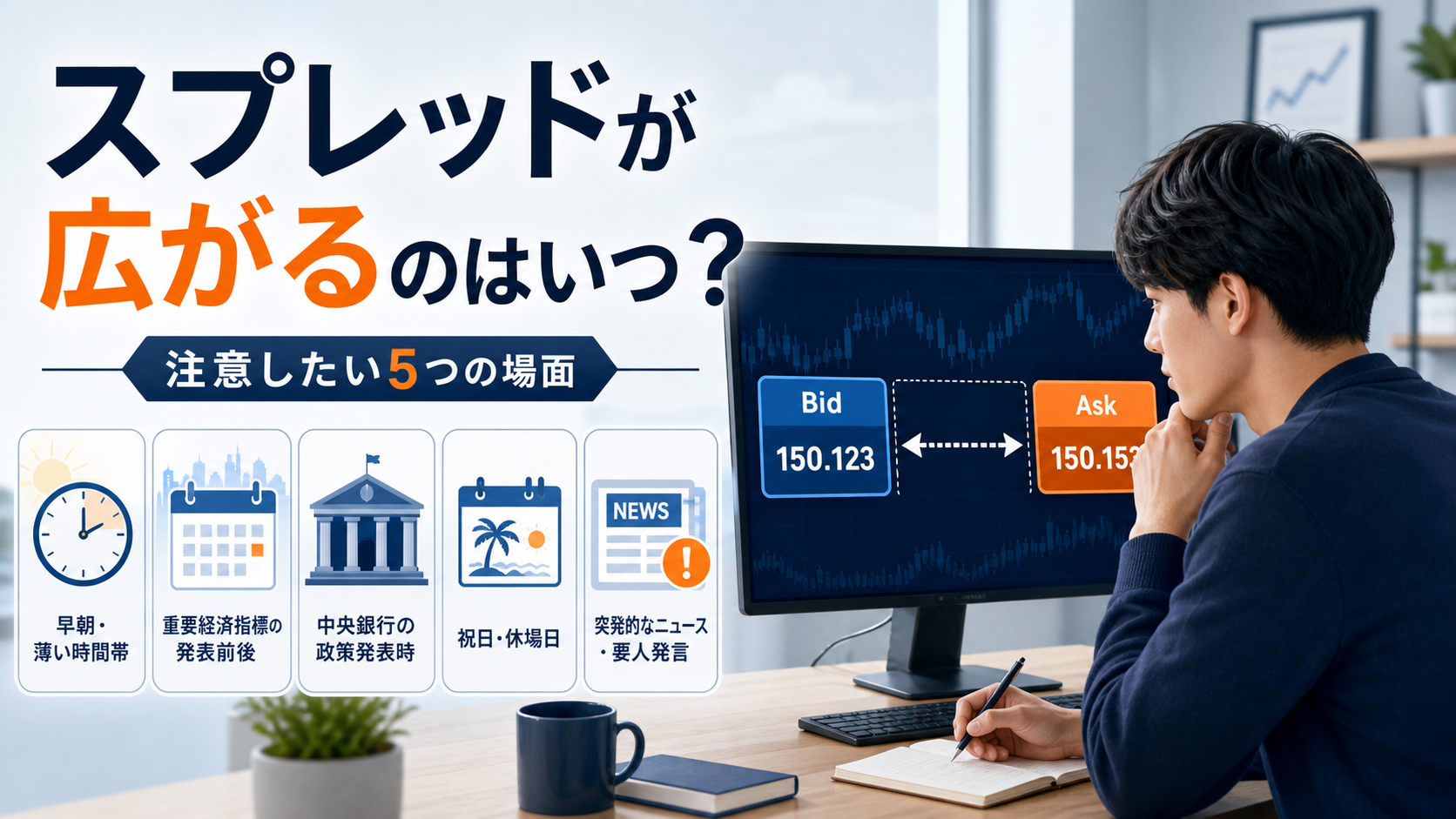 FXのスプレッドが広がる5つの場面を確認する取引画面のイメージ
