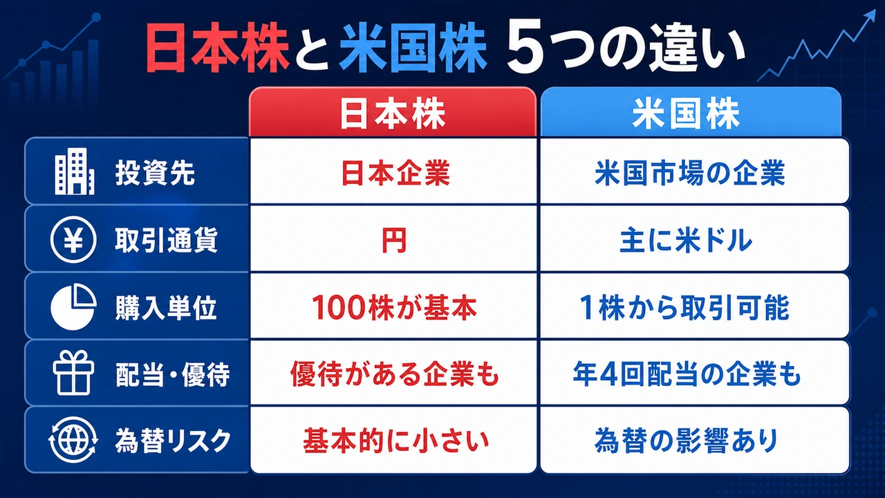 日本株と米国株の違いを5項目で比較した図解