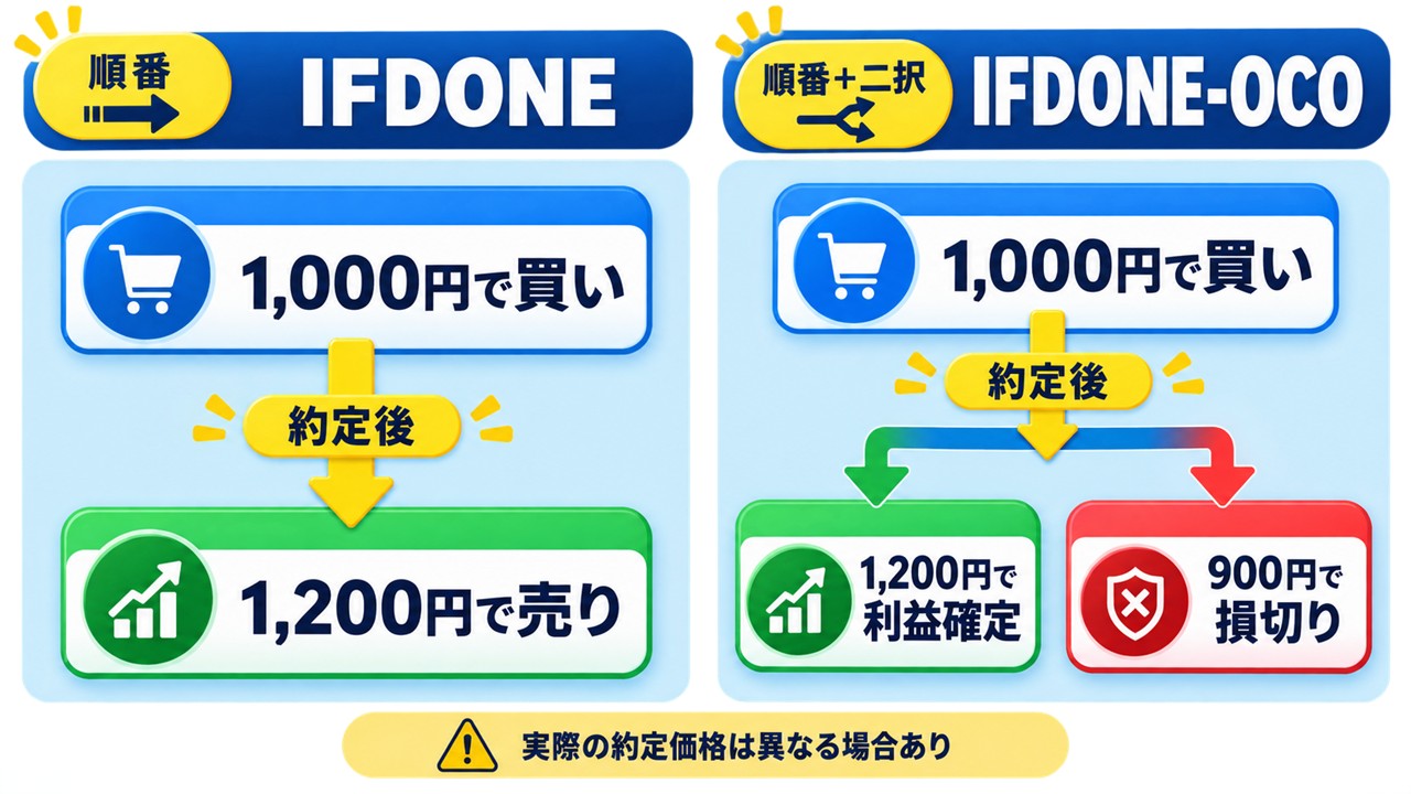 株のIFD・IFDONE注文とIFDONE-OCOの使い方を比較する図