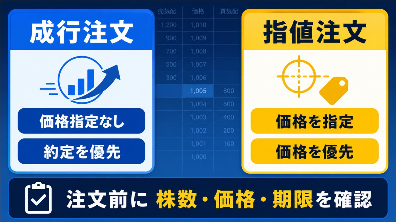 株の成行注文と指値注文の違いと使い分けを比較する図