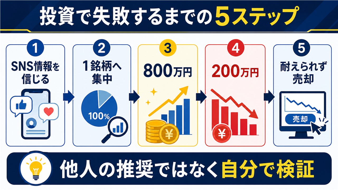 SNS株投資の失敗体験談で集中投資から売却までの流れを示す図