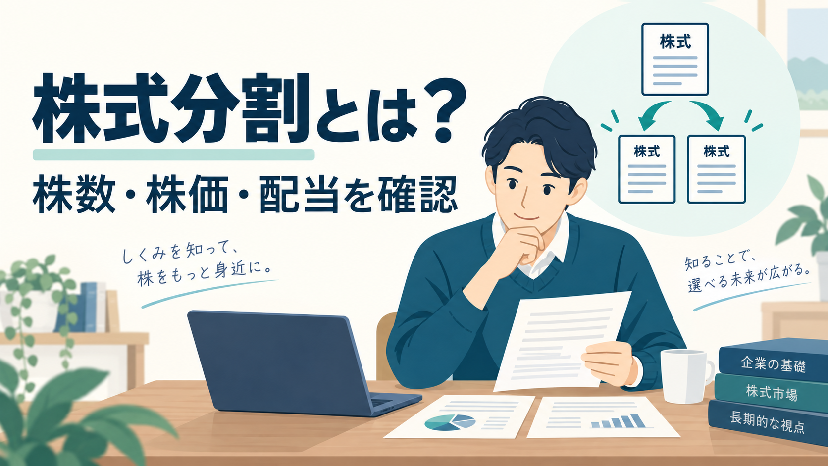 株式分割の株数・株価・配当を資料で確認する人のイラスト