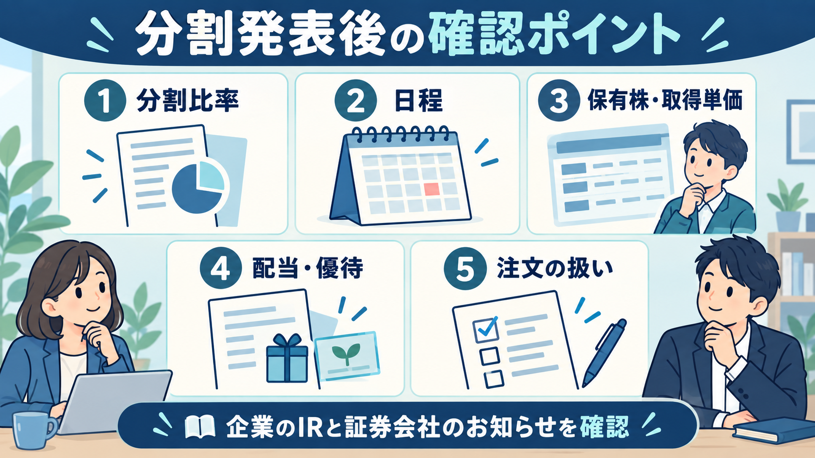 株式分割の発表後に確認する比率・日程・保有株・配当・注文の5項目